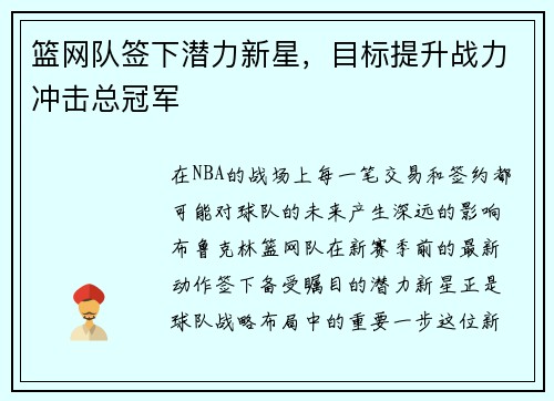 篮网队签下潜力新星，目标提升战力冲击总冠军