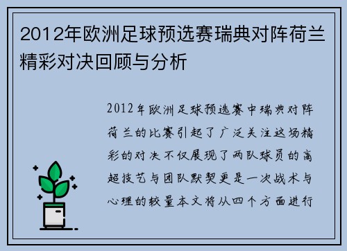 2012年欧洲足球预选赛瑞典对阵荷兰精彩对决回顾与分析