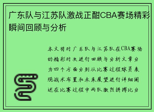 广东队与江苏队激战正酣CBA赛场精彩瞬间回顾与分析