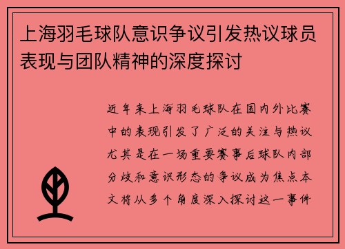 上海羽毛球队意识争议引发热议球员表现与团队精神的深度探讨